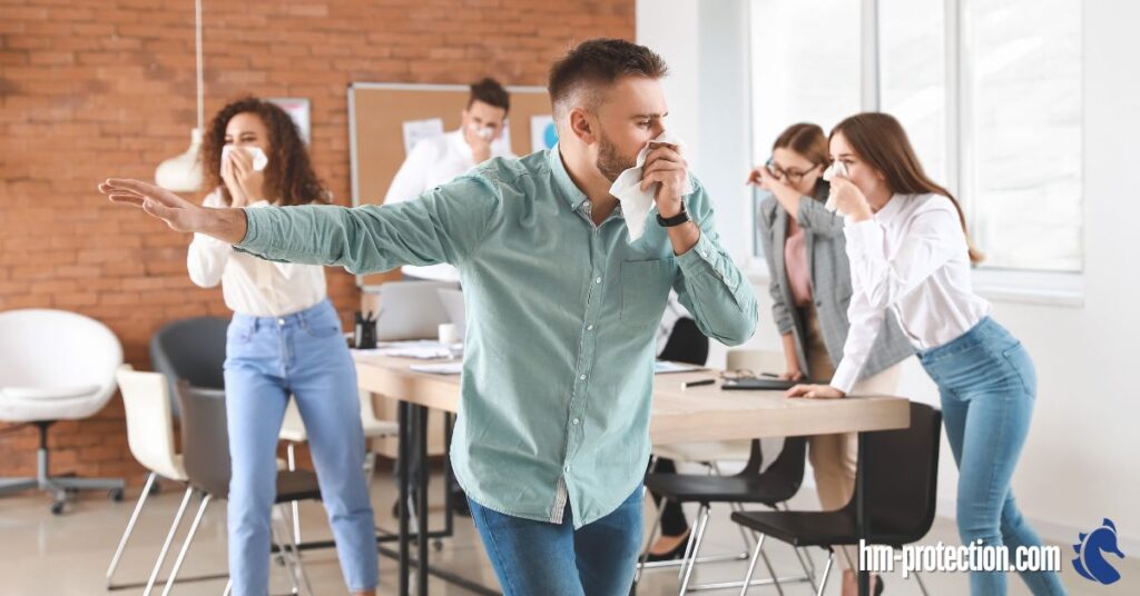 a group of office worker looking for an escape from a workplace fire